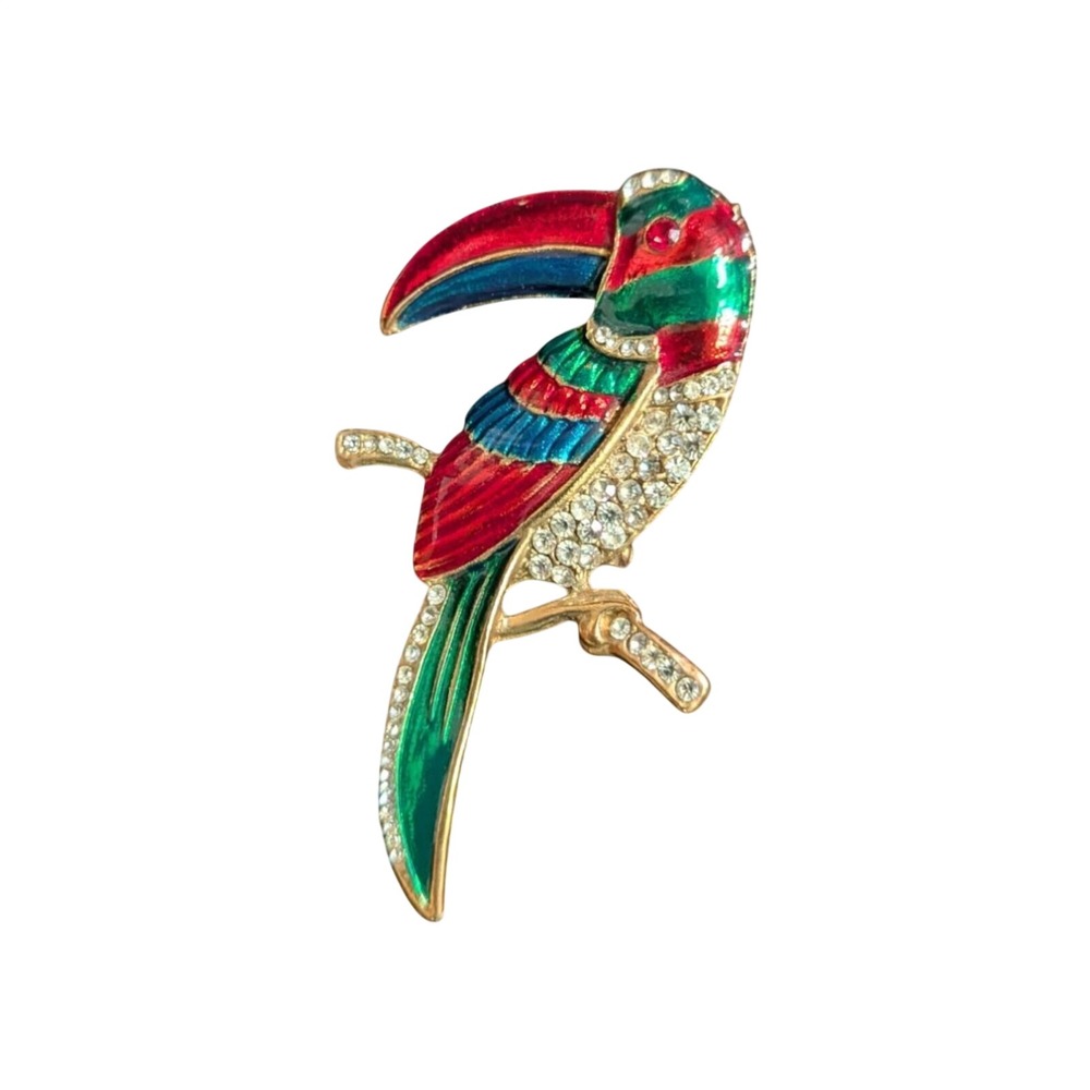 Vintage Toucan Bird Brooch Enamel Rhinestone Gold Tone Tropical Parrot Pin 3in